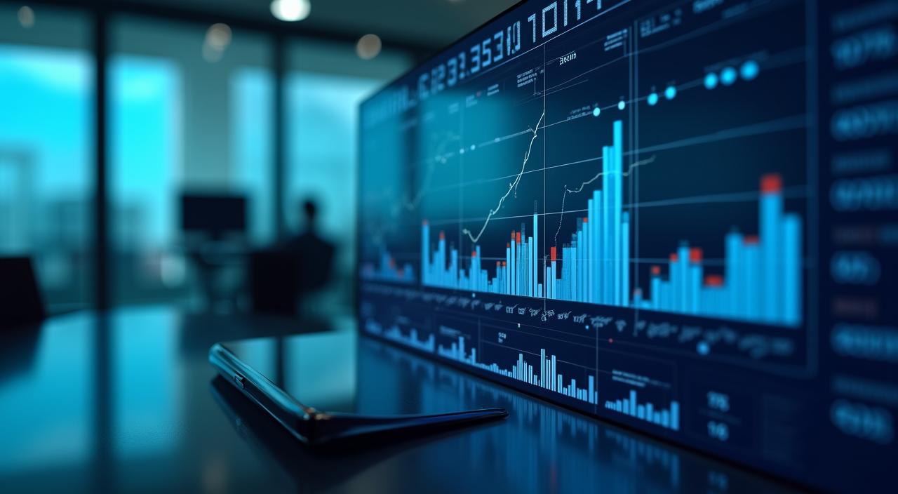 Dashboard analitica con grafici di previsione e lenti di ingrandimento digitali