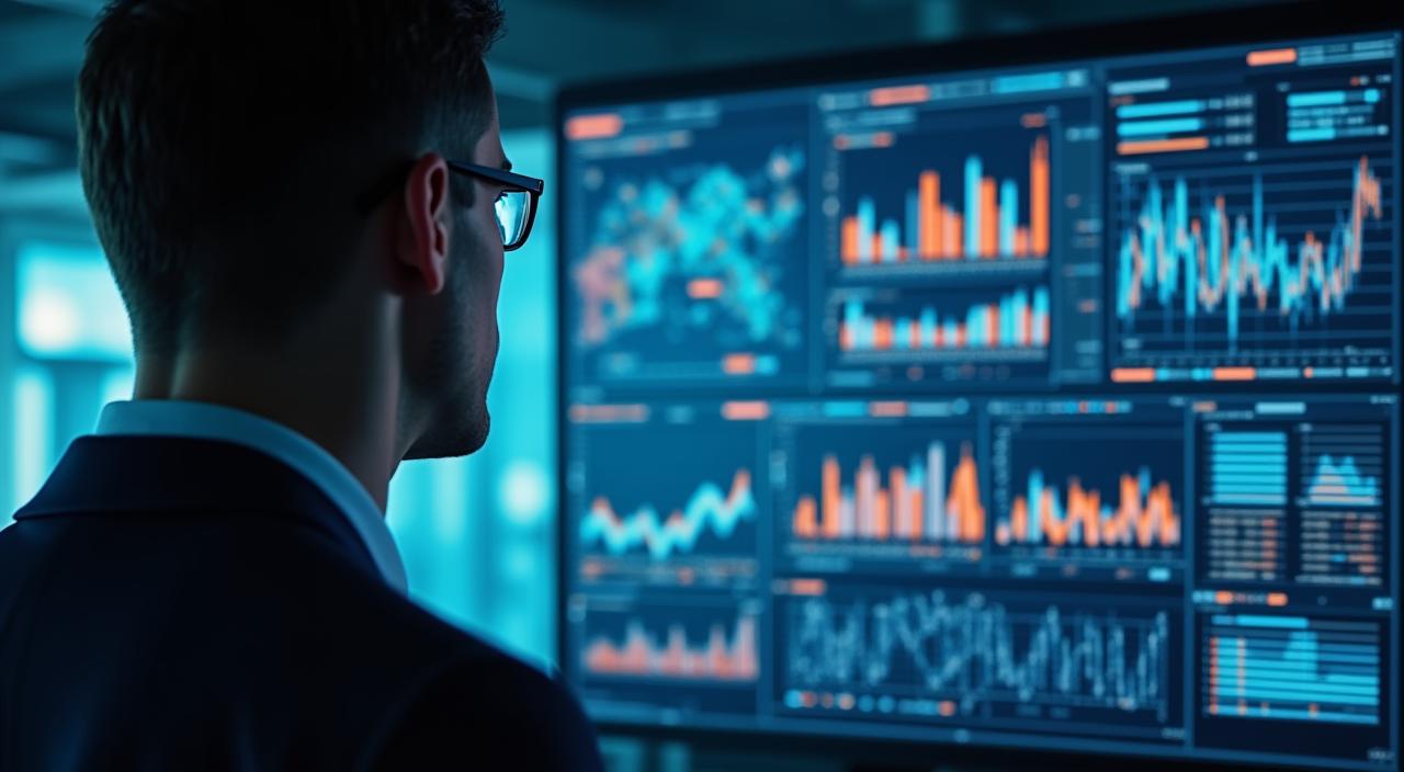 Manager che analizza dati su una dashboard avanzata con grafici AI